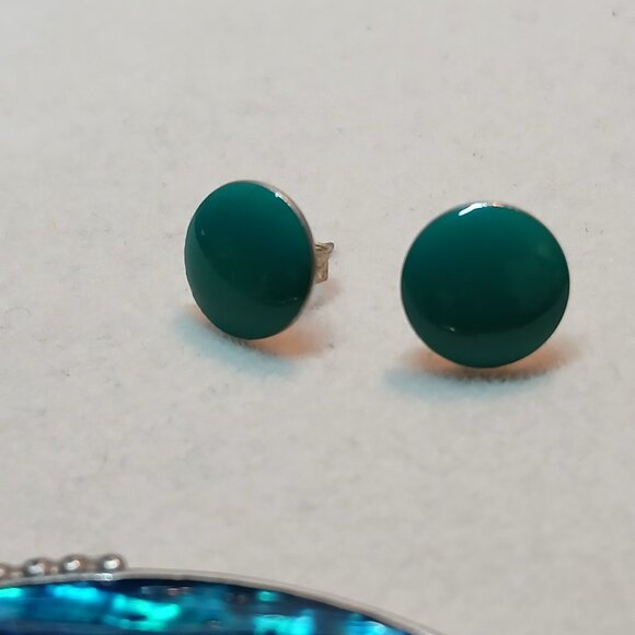 Two Pair Vintage Costume Silver Tone Faux BlueGreen Turquoise Stud Earrings #29W - Picture 6 of 11